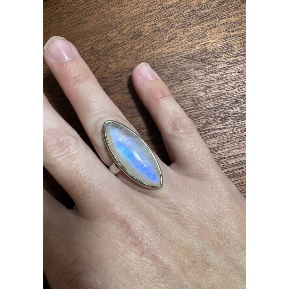 Sterling Silver Chunky Natural Rainbow Moonstone Ring Size 4.75 - Picture 10 of 11